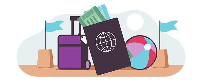 Illustration for travel insurance - purple suitcase, passport, beach ball and sandcastle