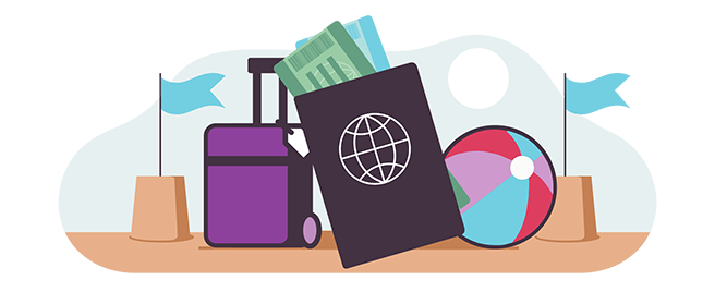 Illustration for travel insurance - purple suitcase, passport, beach ball and sandcastle