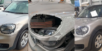 Collage of customer's car before, during, and after repair